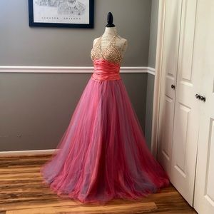 NEW FAVIANA SZ 14 BEADED SATIN TULLE HALTER BALL GOWN